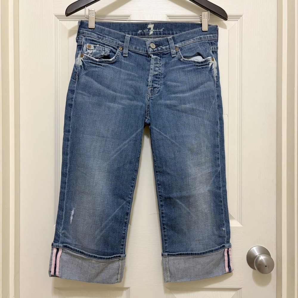 7 For All Mankind Crop Boy Cut Capri Pants Sz 29 Cuffed Distressed USA Made VTG